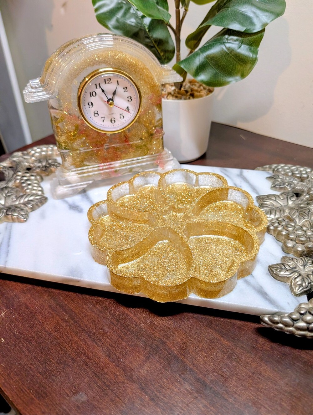 Glitter Gold Floral Clock & Gold Glittery Trinket Dish Bundle